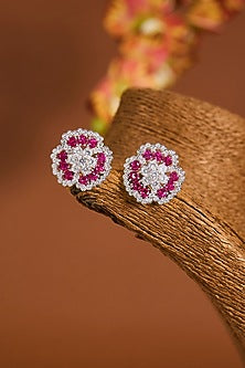 White Gold Finish Zircon & Ruby Stone Necklace Set In Sterling Silver