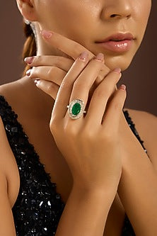 White Gold Finish Zircon & Emerald Stone Ring In Sterling Silver