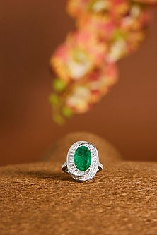 White Gold Finish Zircon & Emerald Stone Ring In Sterling Silver