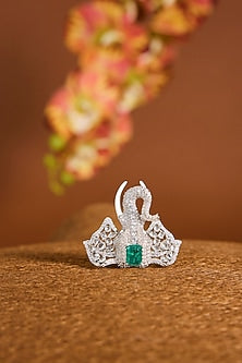 White Gold Finish Zircon & Emerald Stone Brooch Cum Pendant In Sterling Silver