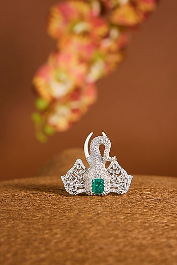 White Gold Finish Zircon & Emerald Stone Brooch Cum Pendant In Sterling Silver