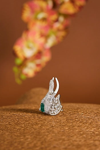 White Gold Finish Zircon & Emerald Stone Brooch Cum Pendant In Sterling Silver
