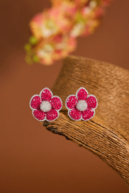 White Gold Finish Ruby Stone Stud Earrings