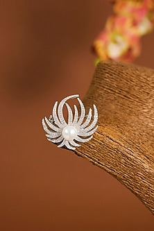 White Gold Finish Zircon & Shell Pearl Brooch