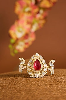 Yellow Gold Finish Moissanite Polki & Ruby Stone Ring In Sterling Silver