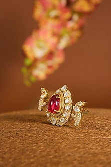 Yellow Gold Finish Moissanite Polki & Ruby Stone Ring In Sterling Silver