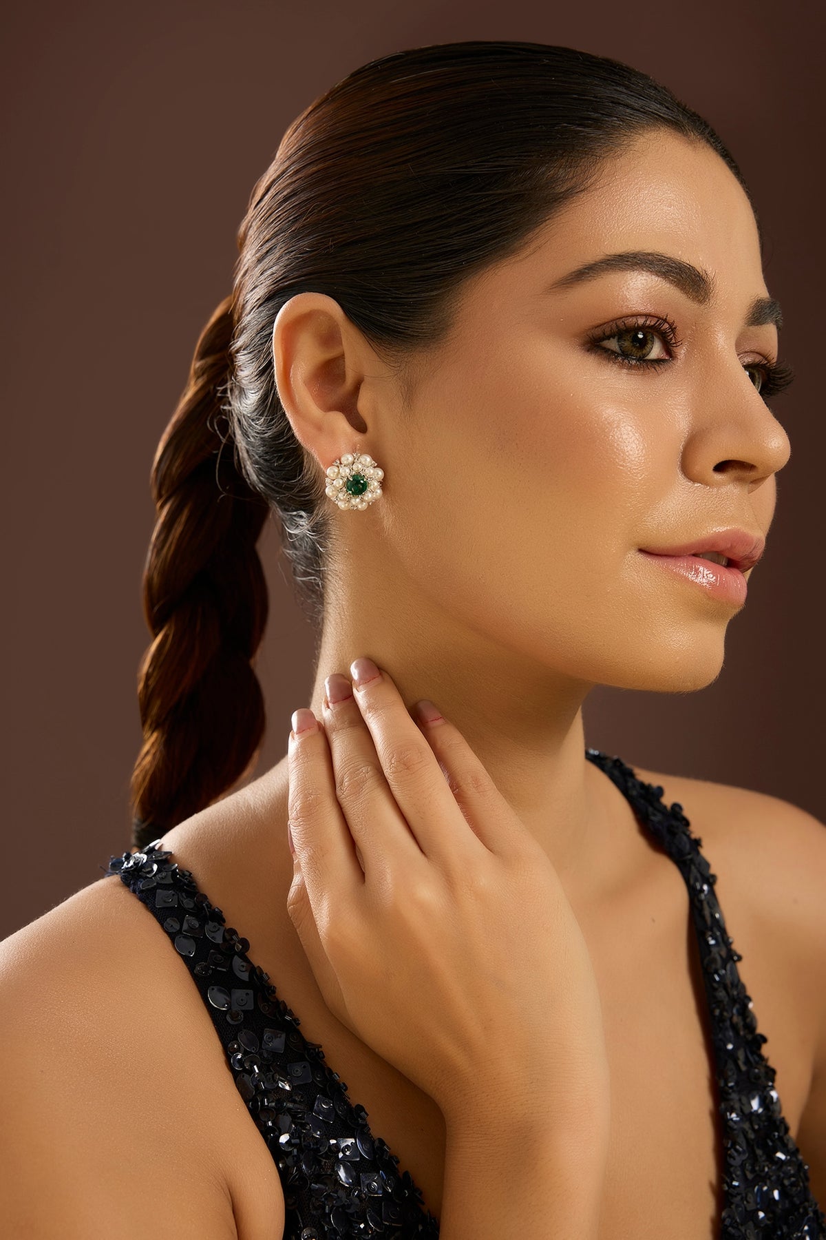 White Gold Finish Zircon & Emerald Stone Stud Earrings In Sterling Silver