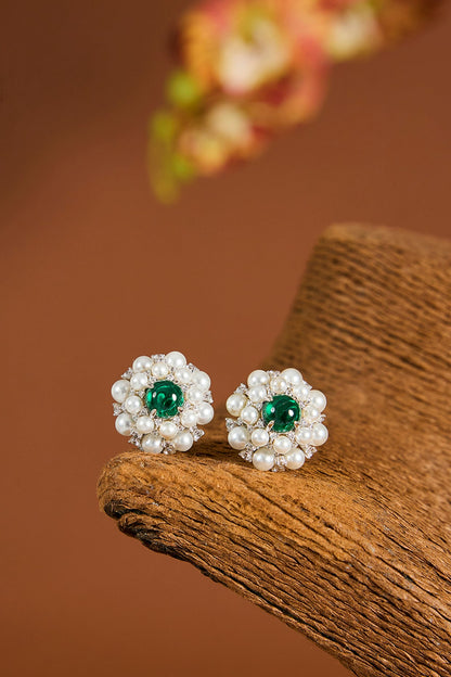 White Gold Finish Zircon & Emerald Stone Stud Earrings In Sterling Silver