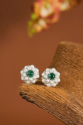 White Gold Finish Zircon & Emerald Stone Stud Earrings In Sterling Silver
