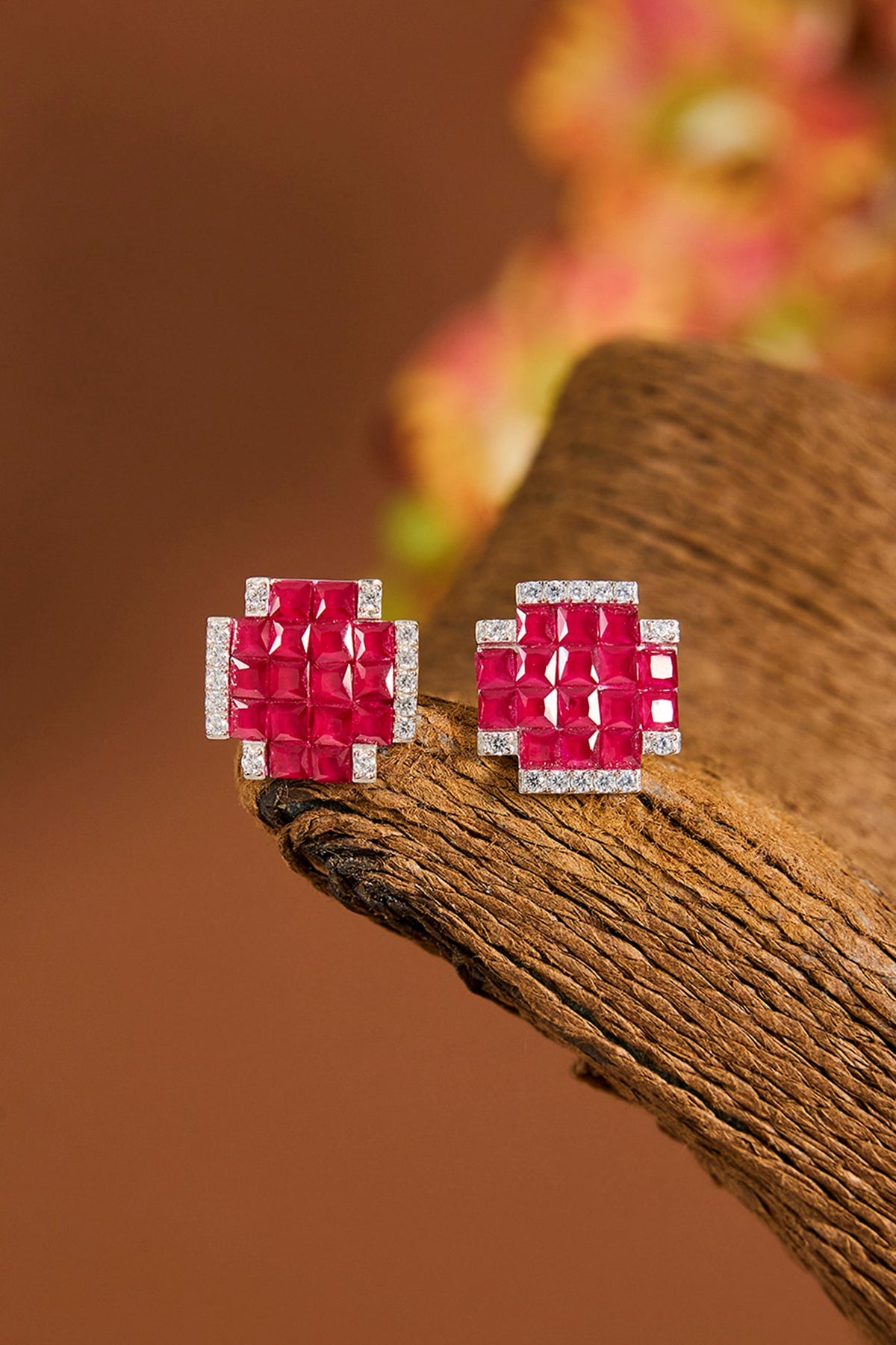 White Gold Finish Zircon & Ruby Stone Stud Earrings In Sterling Silver