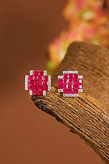 White Gold Finish Zircon & Ruby Stone Stud Earrings In Sterling Silver