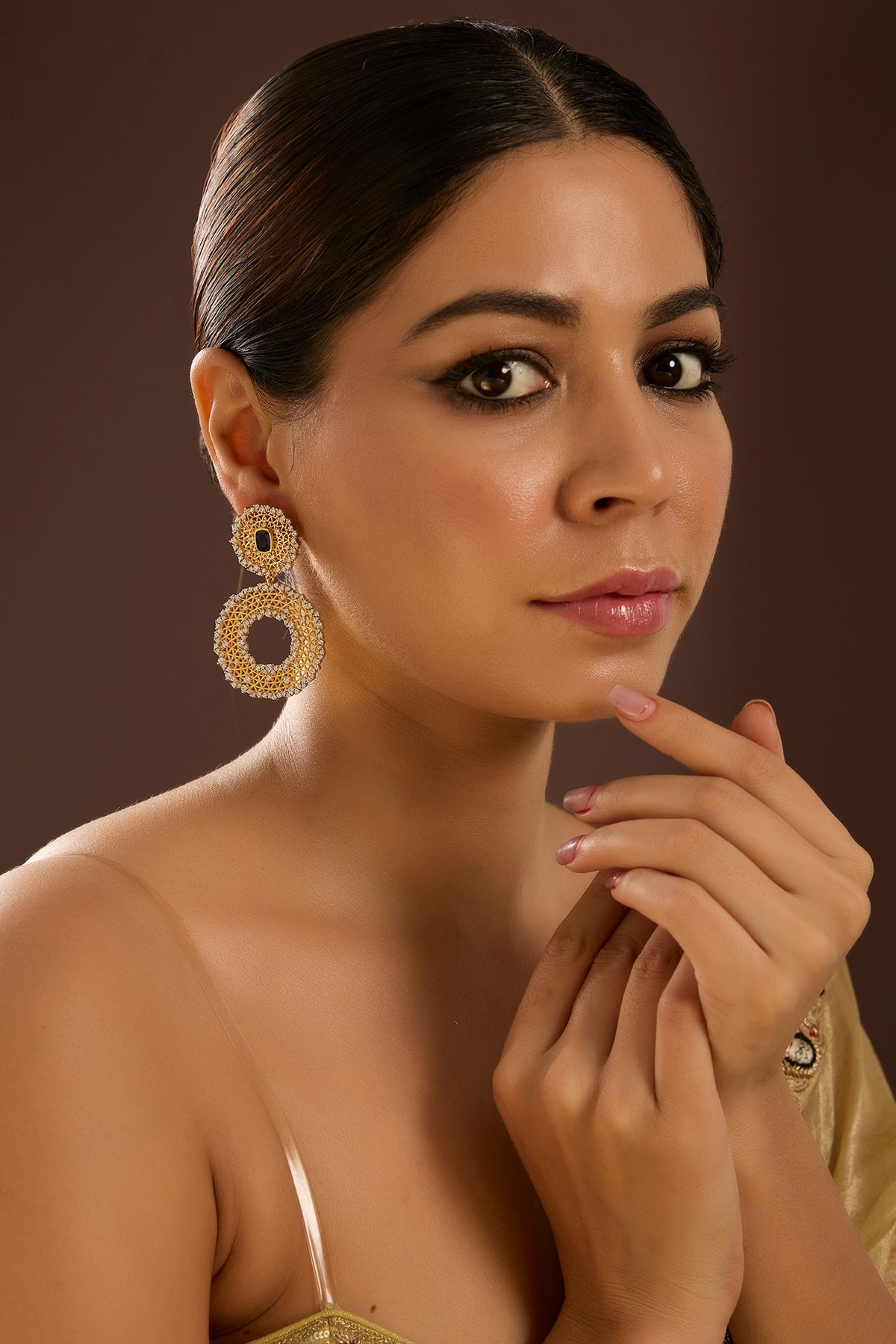 Yellow Gold Finish Zircon & Sapphire Stone Dangler Earrings In Sterling Silver