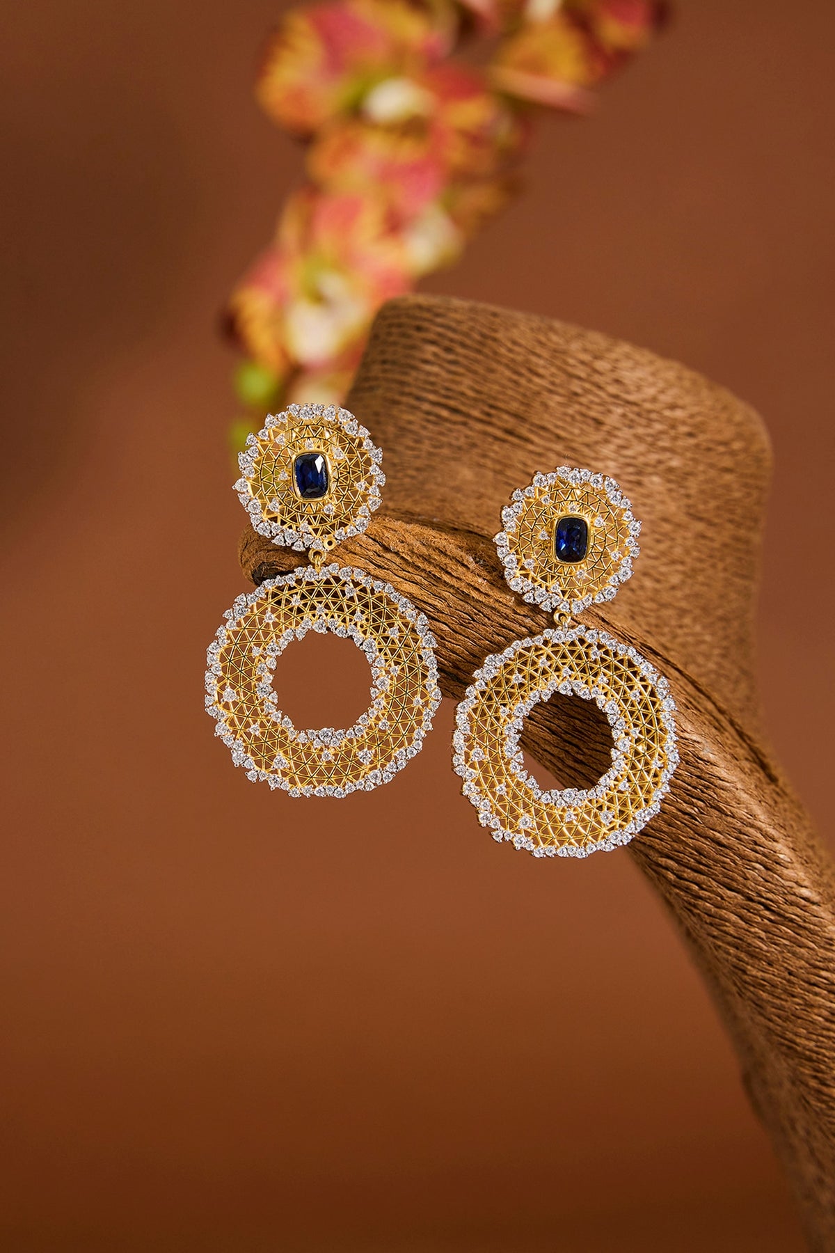 Yellow Gold Finish Zircon & Sapphire Stone Dangler Earrings In Sterling Silver