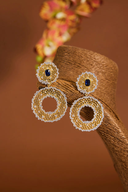 Yellow Gold Finish Zircon & Sapphire Stone Dangler Earrings In Sterling Silver