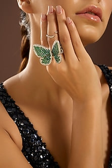 White Gold Finish Zircon & Emerald Stone Ring In Sterling Silver