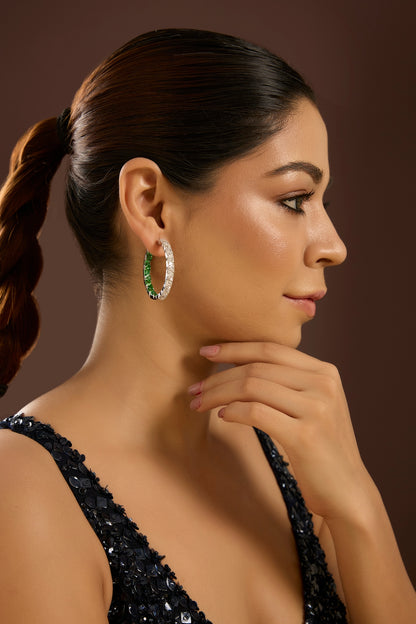 White Gold Finish Zircon & Emerald Stone Hoop Earrings In Sterling Silver