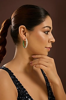 White Gold Finish Zircon & Emerald Stone Hoop Earrings In Sterling Silver