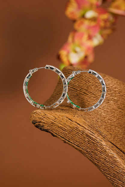 White Gold Finish Zircon & Emerald Stone Hoop Earrings In Sterling Silver
