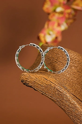 White Gold Finish Zircon & Emerald Stone Hoop Earrings In Sterling Silver