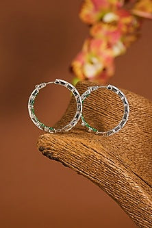 White Gold Finish Zircon & Emerald Stone Hoop Earrings In Sterling Silver