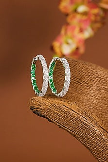 White Gold Finish Zircon & Emerald Stone Hoop Earrings In Sterling Silver