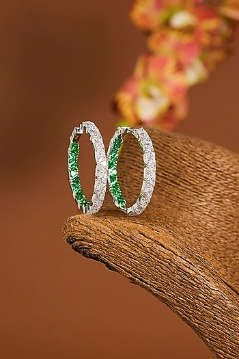White Gold Finish Zircon & Emerald Stone Hoop Earrings In Sterling Silver