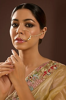 Yellow Gold Finish Shell Pearl & Moissanite Polki Nath