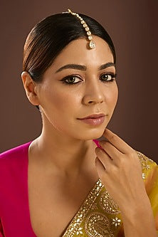 Yellow Gold Finish Moissanite Polki & Shell Pearl Maangtikka In Sterling Silver