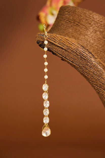 Yellow Gold Finish Moissanite Polki & Shell Pearl Maangtikka In Sterling Silver
