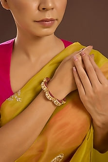 Yellow Gold Finish Moissanite Polki & Ruby Stone Openable Bangle In Sterling Silver