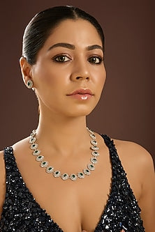 White Gold Finish Zircon & Emerald Stone Long Necklace Set In Sterling Silver