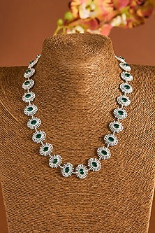 White Gold Finish Zircon & Emerald Stone Long Necklace Set In Sterling Silver