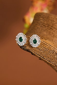 White Gold Finish Zircon & Emerald Stone Long Necklace Set In Sterling Silver