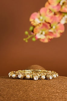 Yellow Gold Finish Moissanite Polki & Swarovski Zircon Bangle In Sterling Silver