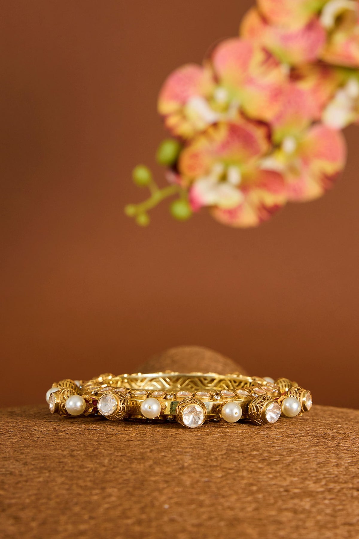 Yellow Gold Finish Moissanite Polki & Swarovski Zircon Bangle In Sterling Silver