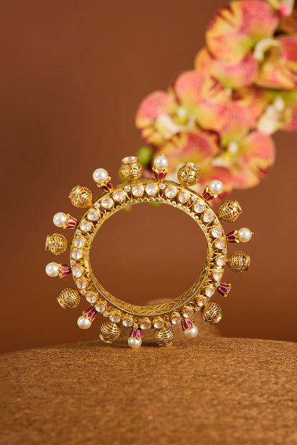 Yellow Gold Finish Moissanite Polki & Swarovski Zircon Bangle In Sterling Silver