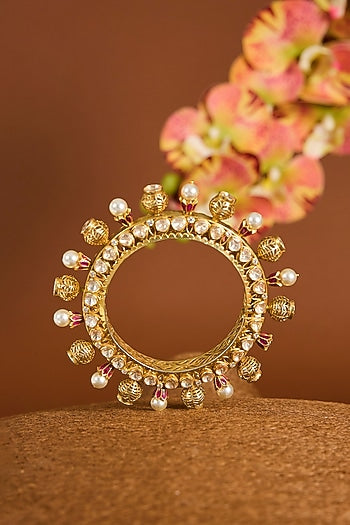 Yellow Gold Finish Moissanite Polki & Swarovski Zircon Bangle In Sterling Silver