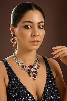 White Gold Finish Zircon & Multi-Colored Stone Long Necklace Set In Sterling Silver