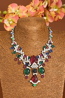 White Gold Finish Zircon & Multi-Colored Stone Long Necklace Set In Sterling Silver