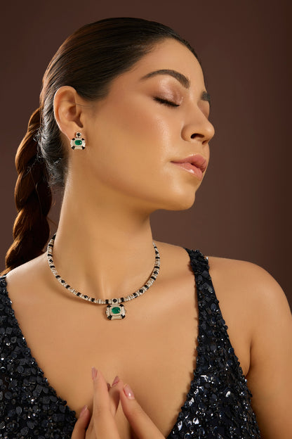 White Gold Finish Zircon & Emerald Stone Choker Necklace Set In Sterling Silver
