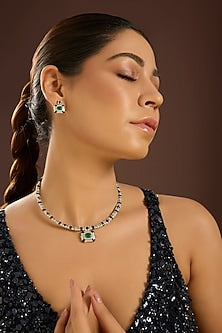 White Gold Finish Zircon & Emerald Stone Choker Necklace Set In Sterling Silver
