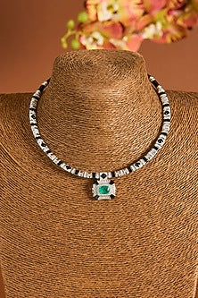 White Gold Finish Zircon & Emerald Stone Choker Necklace Set In Sterling Silver