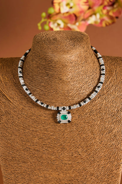 White Gold Finish Zircon & Emerald Stone Choker Necklace Set In Sterling Silver