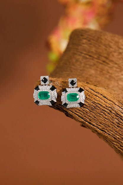 White Gold Finish Zircon & Emerald Stone Choker Necklace Set In Sterling Silver
