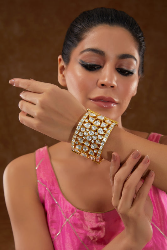 Gold Finish Moissanite Polki Bangle In Sterling Silver