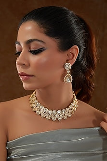 Gold Finish Moissanite Polki & CZ Necklace Set In Sterling Silver