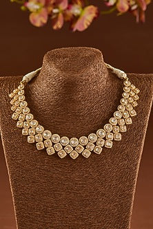 Gold Finish Moissanite Polki & CZ Necklace Set In Sterling Silver