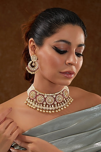 Gold Finish Moissanite Polki & Synthetic Ruby Stone Necklace Set In Sterling Silver