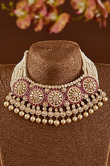 Gold Finish Moissanite Polki & Synthetic Ruby Stone Necklace Set In Sterling Silver