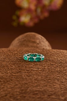 White Finish Zircon & Synthetic Emerald Ring In Sterling Silver